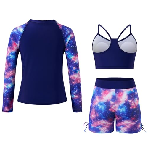 Image of Funnycokid Girls Swimsuit 3 Pieces Long Sleeve Rash Guard Zip Bathing Suits Teens Boyshort 3-14 Years
