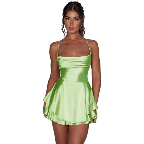 Image of AGYMNX Women Sexy Spaghetti Strap Satin Dress Sleeveless Low Cut Backless Short Romper Dress Party Jumpsuit Mini Sundress