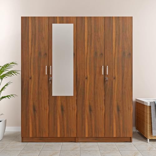 Image of VIKI Wardrobe | Wooden Almirah for 4 Door Fully Shelves Mirror Wardrobe (Brussel Walnut - 40D x 160W x 180.8H) | 1 Year Warranty | Free Assembly