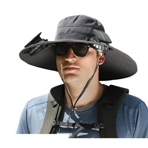Outdoor Wide Brim Solar Fan Outdoor Fishing Hat, Solar Fan Hat with 2 Cooling Fans for Women Men, for Hiking (Dark Gray 1,Talla única)