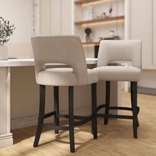 Image of VKNOW Bar Stools Set of 2, 26 inch Upholstered Counter Height Bar Stools | Modern Counter Stools with Black Rubberwood Legs for Kitchen Island Dining Room Bar, Beige-Black Legs