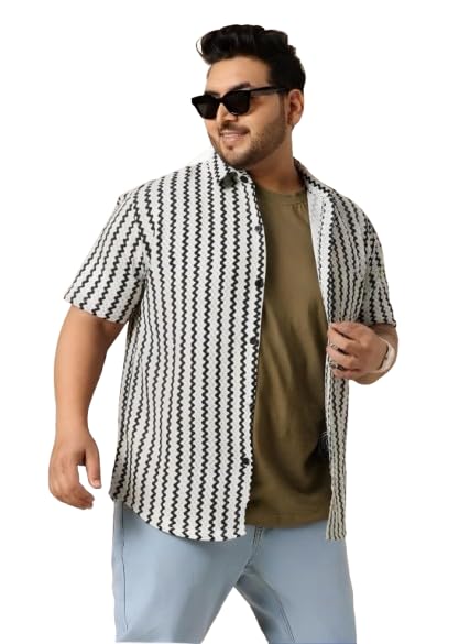 roughster trykar Men’s Stylish Printed Half Sleeve Shirt | Casual Button-Down Summer Shirt with Zigzag Pattern | Lightweight Breathable Fabric (Black & White)-picture-32
