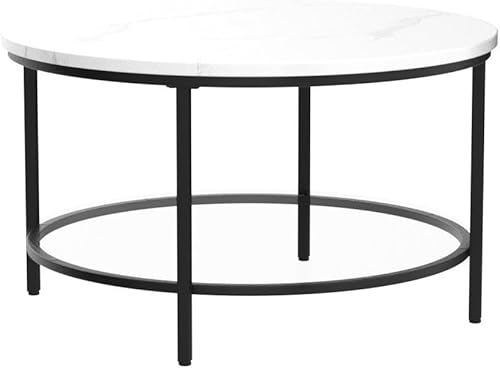 Miniatura 5 de YITAHOME Mesa de centro redonda de mármol blanco con vidrio para sala de estar, mesa de centro circular de 2 niveles con almacenamiento, mesa de