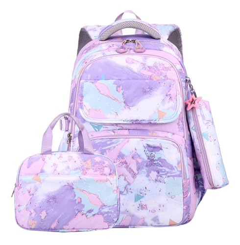 JiaYou Junior Middle School 3Pcs Backpack Sets High School Laptop Bag Marble pattern Daypack with Lunch bag(Purple,34 Liters)