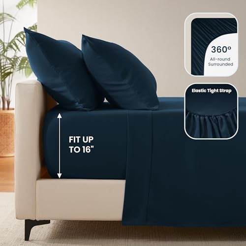SLEEP ZONE Nanotex Super Soft Cooling Full Size Bed Sheets Set 4 Piece - Easy Care Fitted Flat Sheet & Pillowcase Sets - Wrinkle Free, Fade Resistant, Deep Pocket 16" (Navy Blue, Full)