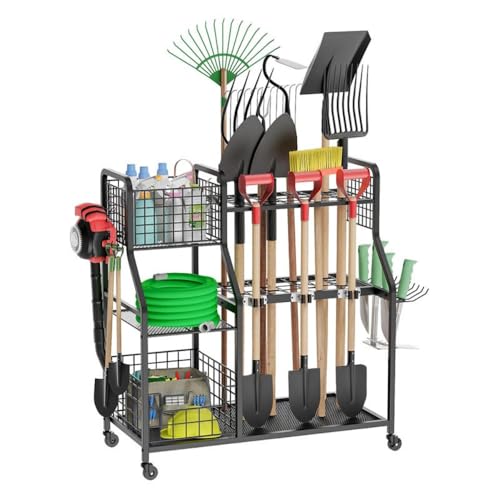 KCNN ガーデンツールオーガナイザー ガレージ用 移動可能な多目的農場用シャベルスタンド3段ユーティリティヤードツールオーガナイザー キャスター付きストレージホルダー 大型ガーデンツールラック 追加のストレージバスケット付き 小屋/ガレージ/庭/地下室/