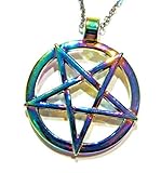 Rainbow Inverted Pentagram Pendant on Dainty Chain Necklace Anodized Stainless Steel Wiccan Witch