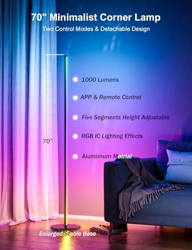 Meewata LED Stehlampe Wohnzimmer, 180cm RGB Stehlampe Dimmbar mit Fernbedienung, APP-Steuerung, 16 Millionen Farben Musik Sync Warm Weiße Eckleuchte, Ecklampe für Wohnzimmer Schlafzimmer Spielzimmer