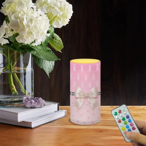 Image of Poceacles Flameless Candle Battery Powered with Remote Control Breast Cancer Awareness LED Night Lights Pillar Candle Tealights Home Indoor Decor, Pink Ribbon Bow Cherry Blossom Print