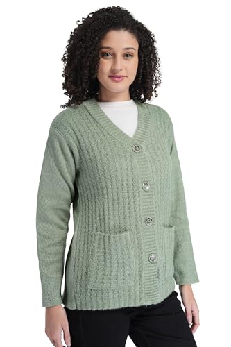 Image of MANRA Women's Woolen V-Neck Buttoned Full Sleeve Cardigan Self Design Soft Wool Fabric Winter Wear Pure Wool Sweater Fully Warm with Front Pockets Stylish Cardigan
