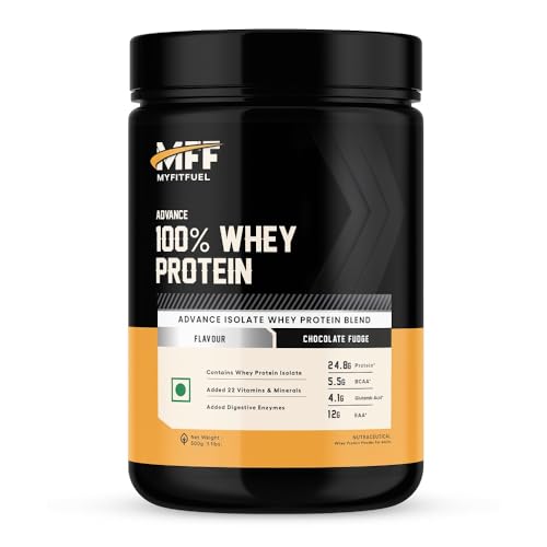 Image of MyFitFuel Advance MFF 100% Whey Protein Powder, Whey With Digestive Enzymes and Multi Vitamins | 500 gm, 14 Servings (Chocolate Fudge)