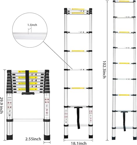 Image of Smarty 9 Feet Portable Lightweight Compact Ultra Stable Locking Mechanism 2.6 Meter Telescopic Aluminium Ladder for Home and Outdoor