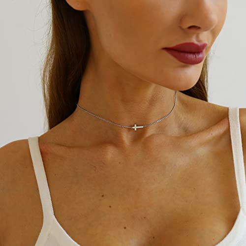 Cross Necklace for Women Gold CZ Sideways Cross Pendant Necklace Dainty Cute Tiny Cross Choker Necklace Simple Trendy Jewelry2