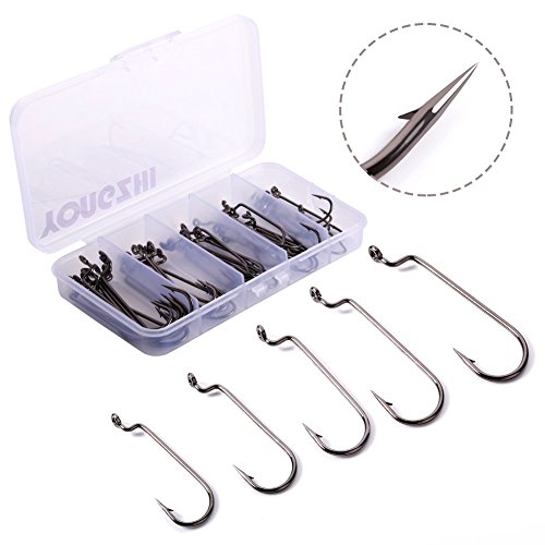 YONGZHI Fishing Hooks High Carbon Steel?Straight Shank Hook Offset Worm Hooks for Plastic Soft Lures Fish Hooks for Freshwater and Saltwater Size 5/0,4/0,3/0,2/0,1/0 (50pcs)