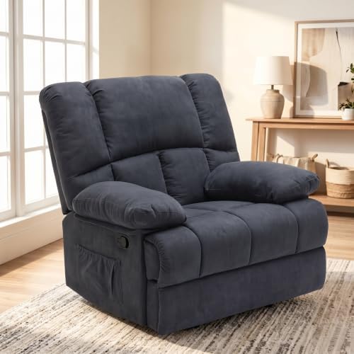 Image of Oversized Rocker Recliner Chair, Wide Rocker Chair with Adjustable Backrest Footrest, Lazy Boy Oversized Recliner for Adults, Reclining Sofa for Living Room, Reading, Bedroom, Blue Black