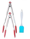 Premium 9½ and 12-Inch Stainless Steel Tongs Set With Silicone Handle & Ends + Bonus Silicone Brush - KitchenInstrument Brand