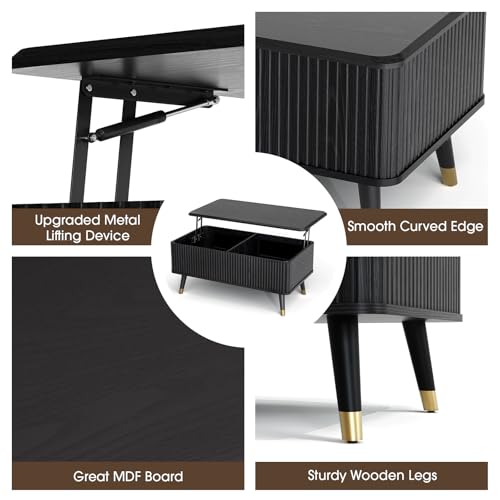 Image of JOINICE 38 inch Lift Top Coffee Table with Storage for Living Room,Black | Large Hidden Storage,Minimalist Modern Style,Fluted Center Table with Wooden Legs,Lifts to 23 inch,Holds 88lbs,Easy Assembly