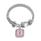 Inspired Silver - Breast Cancer - Silver Braided Bracelet for Women - Square Charm Bracelet Jewelry Gift with Cubic Zirconia - Women's Charm Bracelet with Lobster Claw Clasp
