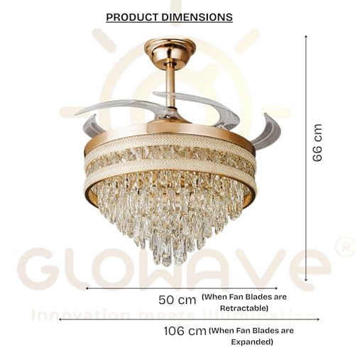 Image of Glowave 52 Inch Black Gold Crystal Chandelier Fan 3 Colors Light Speed Setting 6 Fan Blades Remote Control Ceiling Fan for Kitchen, Cafes, Hotels, Dining, Bar (FI 7641)
