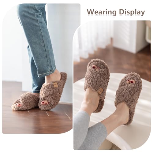 Image of GOEWY Fuzzy Open Toe Slippers for Women Cozy Memory Foam House Shoes Indoor | Cute Cross Band,Soft Faux Fur,Anti-slip Sole Outdoor,Machine-washable,Lightweight,Slip on Gifts for Women,Mom and Bridesmaid