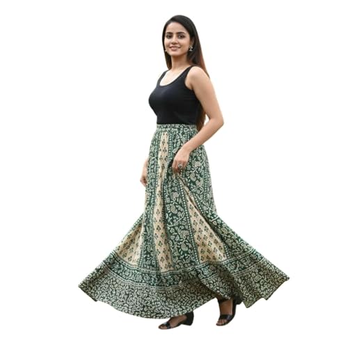 Image of HARSHITA-Enterprises Jaipuri Women's Cotton Printed Elastic Long Skirts
