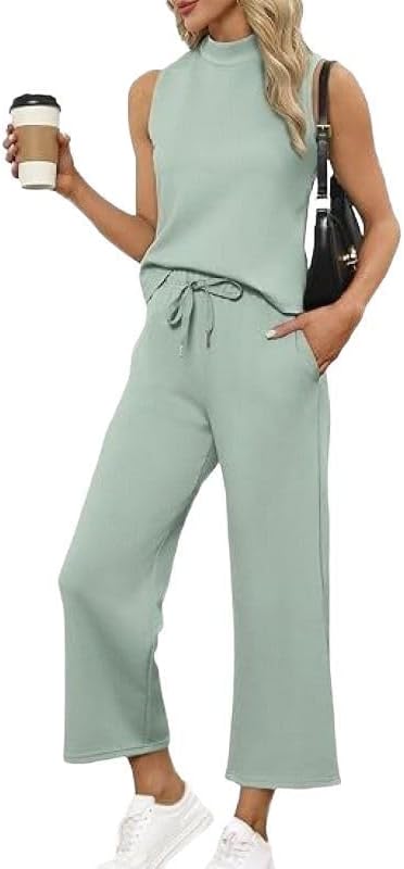 Women Vest Top Cropped Wide Leg Pants Casual Summer Set
