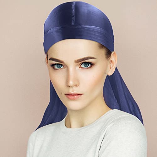 2 Stücke Durag mit Langem Schwanz, Unisex Durag Men Silk Piraten Bandanas mit Langem Schwanz und Breiten Trägern für Männer Frauen die tägliche Hip-Hop-Dekoration (Schwarz+Marineblau)