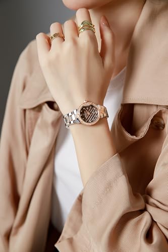 Image of London Fog Crescent Collection Analog Quartz Watch for Women - Round Textured Dial, Crystal-Studded, Diamond-Style Hour Markers, Stainless Steel Strap - LFW20005