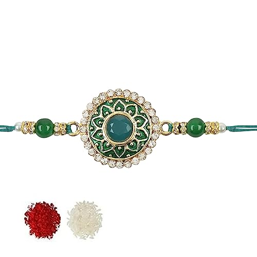 Image of I Jewels Pearl & Meenakari Designer Bhaiya Rakhi With Roli Chawal for Brother /Bro /Men with Rakshabandhan Card