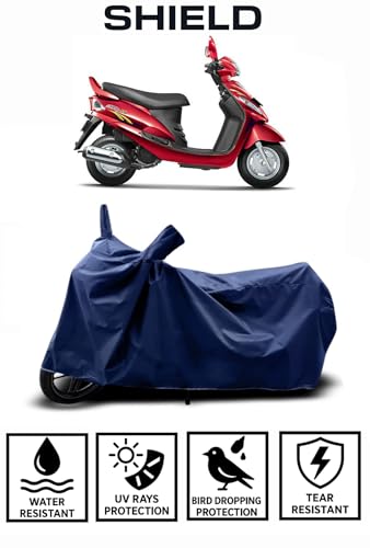 Image of Shield Heavy Duty Scooty Cover for Mahindra Gusto | All-Season, Tear-Proof Fabric | with Side Mirror Pocket & Buckle Belt | Mahindra Gusto Scooty Cover (Blue)