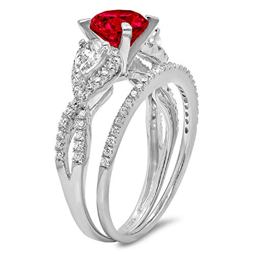 1.97Ct Round Pear Cut Robotic Laser Engraved Personalized Custom Solitaire 3 Stone With Accent Simulated Red Ruby Statement Classic Art Deco Everlasting Ring Band Set Solid 14K White Gold Size 9.5 #TOP1