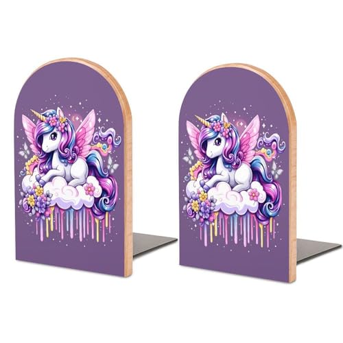 Fermalibri in legno massello di faggio con unicorno fantasy, fermalibri decorativi per scaffali, organizer antiscivolo per libri da scrivania per casa, ufficio, decorazione per biblioteca (1 paio, 12