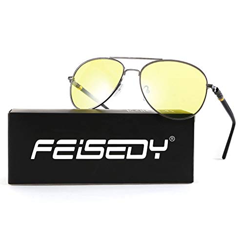 FEISEDY Aviator Polarized Night Driving Sunglasses Anti Glare Yellow Lens B26682