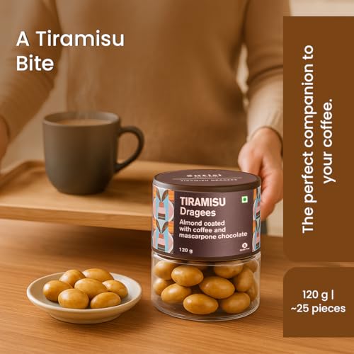 Image of Entisi Nutties Chocolates - Tiramisu Dragees Jar - Coffee & Chocolate Coated Almonds - Dessert Inspired Treat - Gift Jar, Ideal for Gifting, Celebrations & Everyday Treats 120g