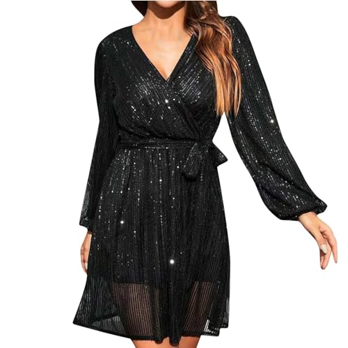 Zeiayuas Women's Sequin Dress Sparkly Glitter Lantern Sleeve V Neck Bodycon Dress Sparkle Party Disco Club Dress Ladies Plus Size Formal Cocktail Clubwear Casual Evening Mini Dresses Black
