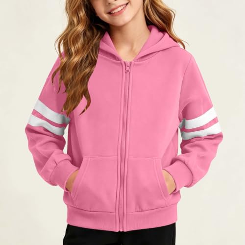 Girls Zip Up Hoodie Size 10-12 Cute Striped Sleeves Hooded Sweatshirts Boys - image 3