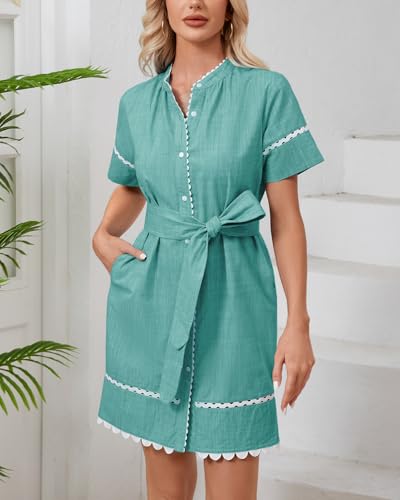 Image of Women's Summer Shirt Dress Short Sleeve Button Down Mini Tie Waist Belted Tunic with Pockets RIC Rac Trim