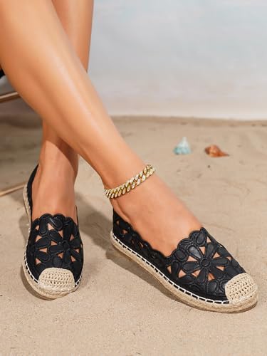 Women's Floral Cutout Espadrilles, White Straw Shoes Breathable Comfort Flats,，Summer Casual Shoes2