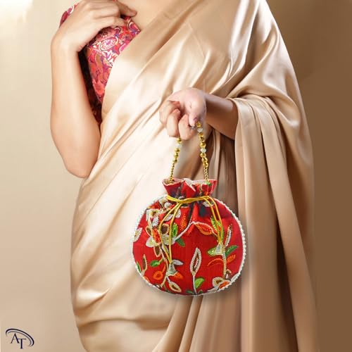 Image of Women Potli Bags | Zari Embroidered Silk With Drawstring | Traditional Return Gifts for Mehandi, Haldi, Baby Shower, Wedding, Sangeet, Seemantham