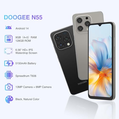 DOOGEE-Phone-N55-Android-14-Mobile-Phone2024-128GB-ROM1TB-TF-90Hz-656-HD-Waterdrop-Screen-5150mAh-Octa-Core-13MP8MP-4G-Dual-SIM-Free-Unlocked-OTG-Protective-Case-Black - Izzgadgets.com