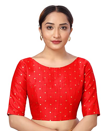 Image of Studio Shringaar Women Cotton Silk Silky Brocade Readymade Elbow Length Sleeves Saree Blouse Choli