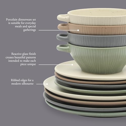 Image of Gibson Elite Clover Hill 12-Piece Stoneware Dinnerware Set - Assorted Colors in Sage Green, Charcoal, Taupe & Cream - Embossed Reactive Glaze Plates & Bowls, Microwave & Dishwasher Safe, Service for 4