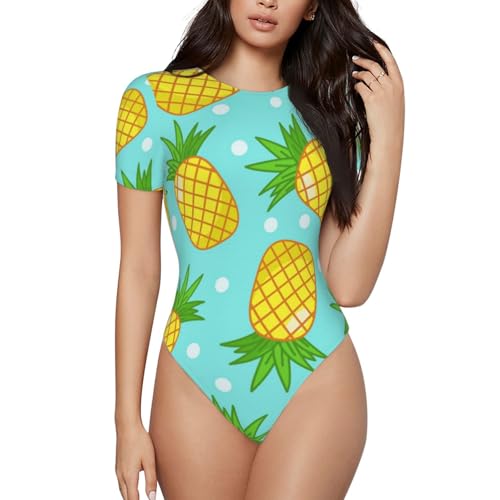 NDDCEDEW Fresh Pineapple Damen-Body mit kurzen Ärmeln, schmale Passform, Rundhalsausschnitt, dehnbar, Druckknopfverschluss, Gymnastikanzug (S-XL), Schwarz , XL