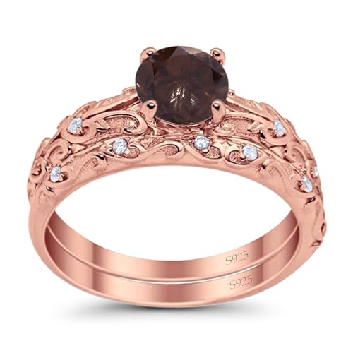 OMRANII Two Piece Round Natural Chocolate Smoky Quartz Filigree Vintage Style CZ Wedding Set Bridal Engagement Ring 925 Sterling Silver Gifts For Her3