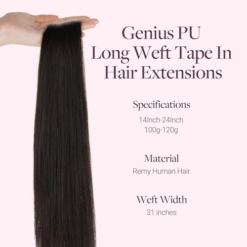 Image of GOO GOO Tape In Weft Hair Extensions Human Hair, Genius PU Long Weft Tape In Hair Extensions Real Human Hair, Silky Easy to Use Remy Human Hair, 2 Dark Brown 20 inch 120g
