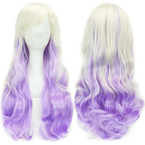 IMISSU 26 ''longue perruque de cosplay de cheveux naturels bouclés avec une frange colorée Perruques de fête d'Halloween pour femmes (Blanc Rose)