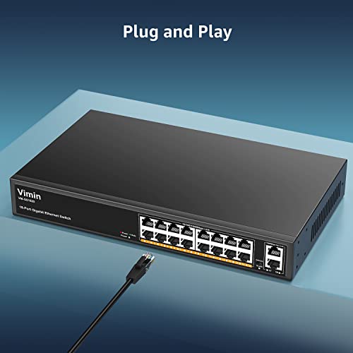 Image of VIMIN 16-Port Gigabit Ethernet Switch with 2 Uplink 1000Mbps Ports, 18-Port Unmanaged Network Switch Support IEEE802.3af /at, VLAN, Metal Housing, Desktop, 19 inch Rack-Mount, Plug and Play