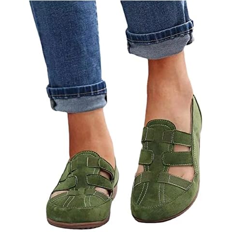 HESYSUAN Womens Comfort Flat Hollow Sandals, Solid Color Closed-Toe Elastic Strap Athletic Slip On Walking Shoes (green,42) Cover