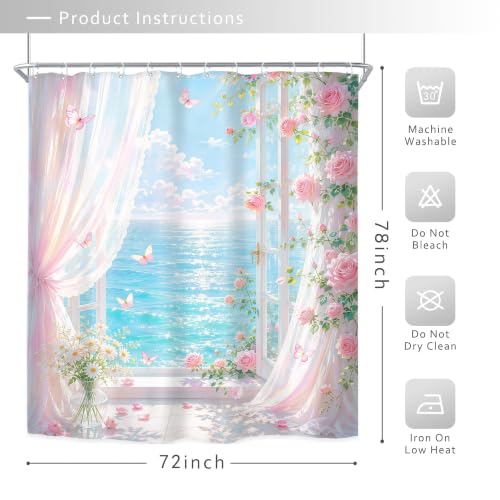 Image of Riyidecor Pink Ocean Floral Shower Curtain 72Wx78H Inch Long Coastal Beach Sunset Scenery Summer Roses Botanical Butterfly Beachside Aesthetic Bathroom Decor Fabric Polyester Waterproof 12 Pack Hooks