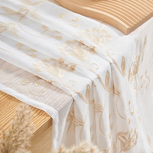 Image of Beige Sheer Curtains Embroidery 63 Inch Length Rod Pocket Voile Drapes for Living room, Bedroom, Window Treatments Semi Flower Pattern Curtain Panels for Kitchen, Yard, Farmhouse, Set of 2, 52 inchx 63 inch.